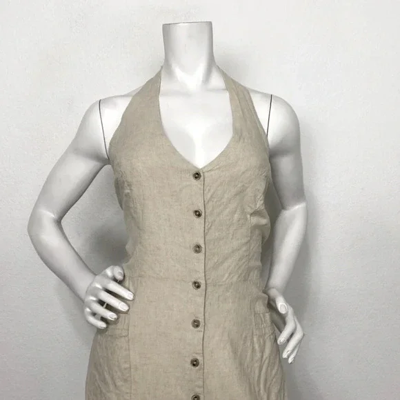 LaScana Cream Linen Blend Button Down Halter Neck Wide Leg Jumpsuit Size 12 - Picture 4 of 10